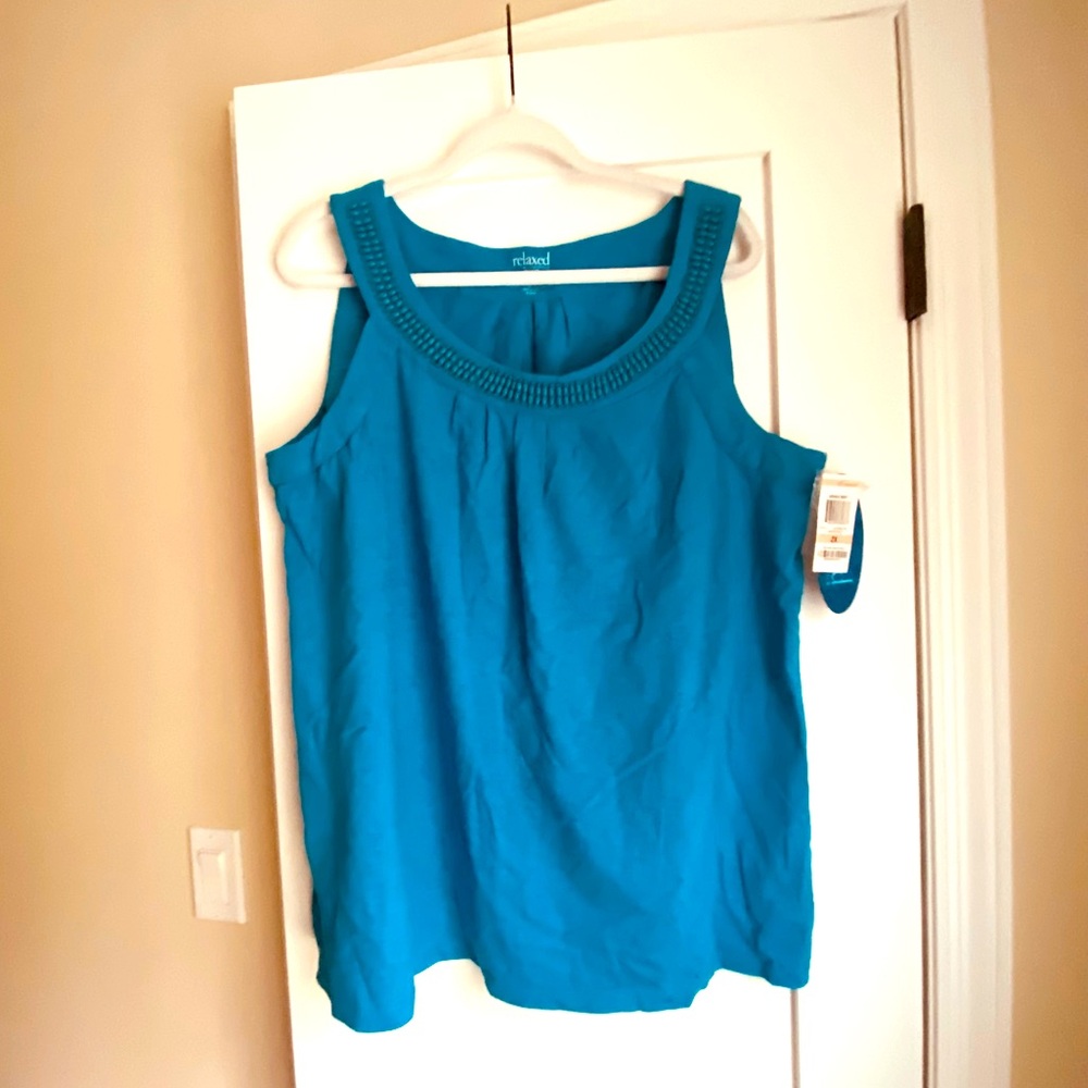 Charter Club Azure Blue Cotton Relaxed sleeveless Top beaded scoopneck 2X NWT